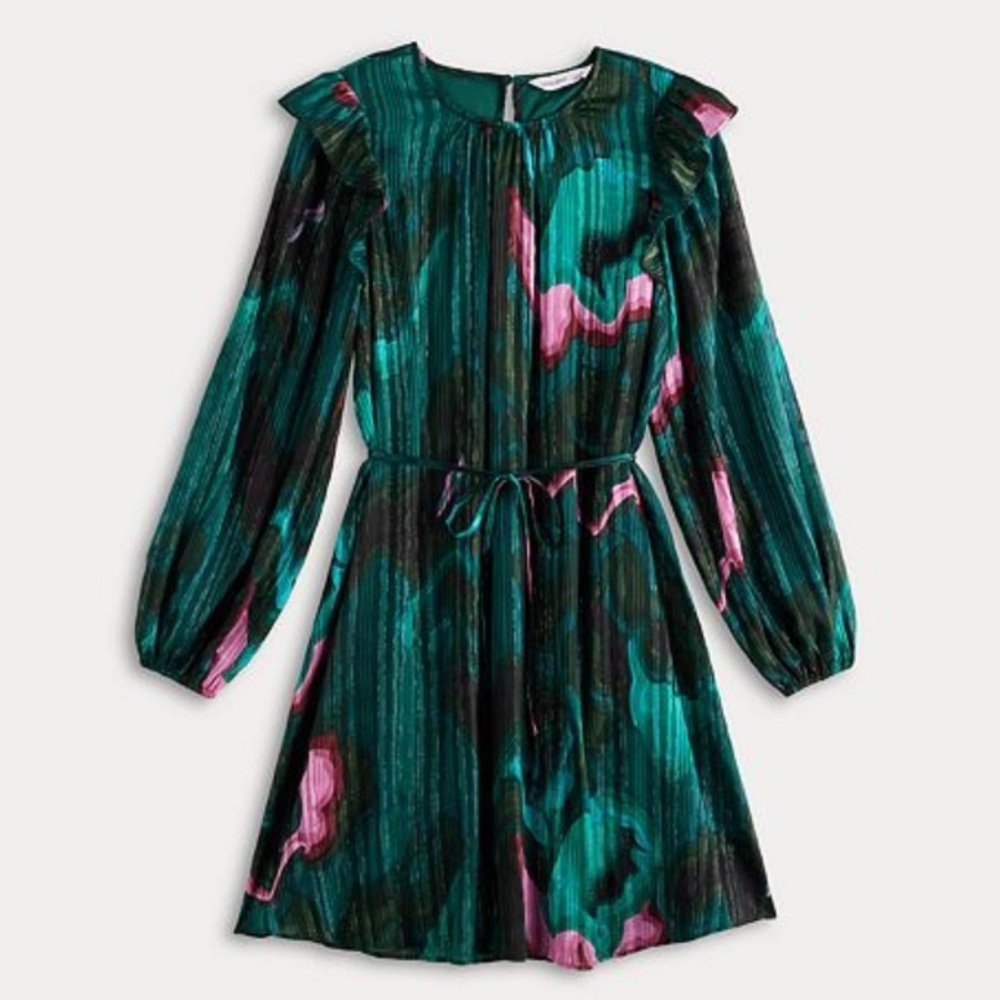 XS Nine West Teal and Pink Long Sleeve Dress
